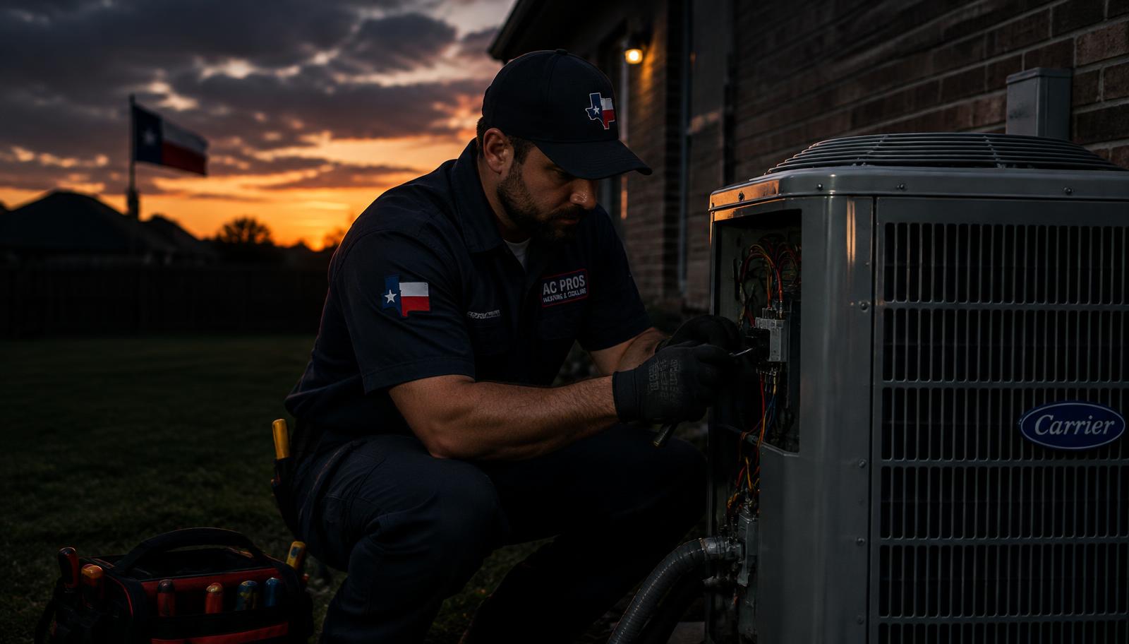 Stan's technician repairing an AC unit at sunset